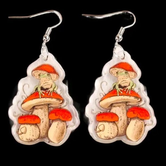Frog Mushroom Earrings Dangle Alice Wonderland Fun Whimsical Wonderland Trippy - Picture 1 of 3